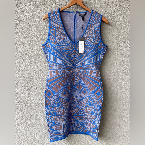BCBGMAXAZRIA Wiggle Dress,Large Blue Brown Dress, Evening Dress,Abstract Pattern - Picture 1 of 11